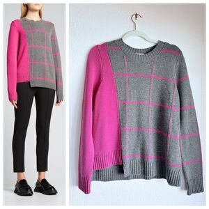 MILLY Intarsia Windowpane Sweater in Grey & Hot Pink Wool Cashmere Blend Size S